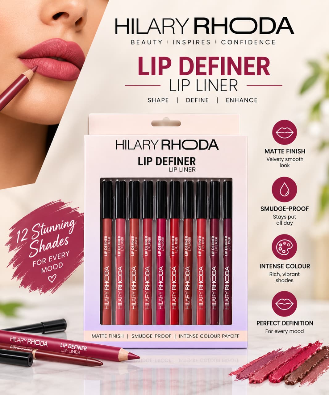 Hilary Rhoda Lip Definer Lip Liner – 12-Shade Set