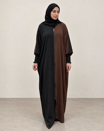 Dual Colour Kaftan Abaya with Zipper Front & Gathered Sleeves