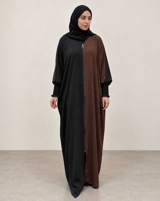 Dual Colour Kaftan Abaya with Zipper Front & Gathered Sleeves
