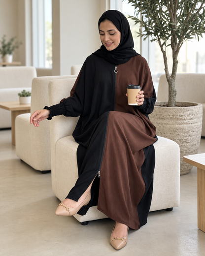 Dual Colour Kaftan Abaya with Zipper Front & Gathered Sleeves