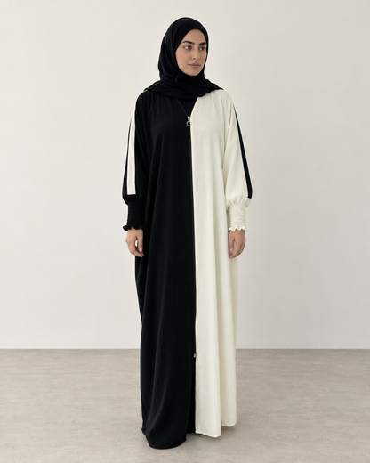 Dual Colour Kaftan Abaya with Zipper Front & Gathered Sleeves