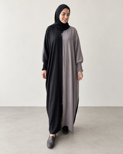 Dual Colour Kaftan Abaya with Zipper Front & Gathered Sleeves