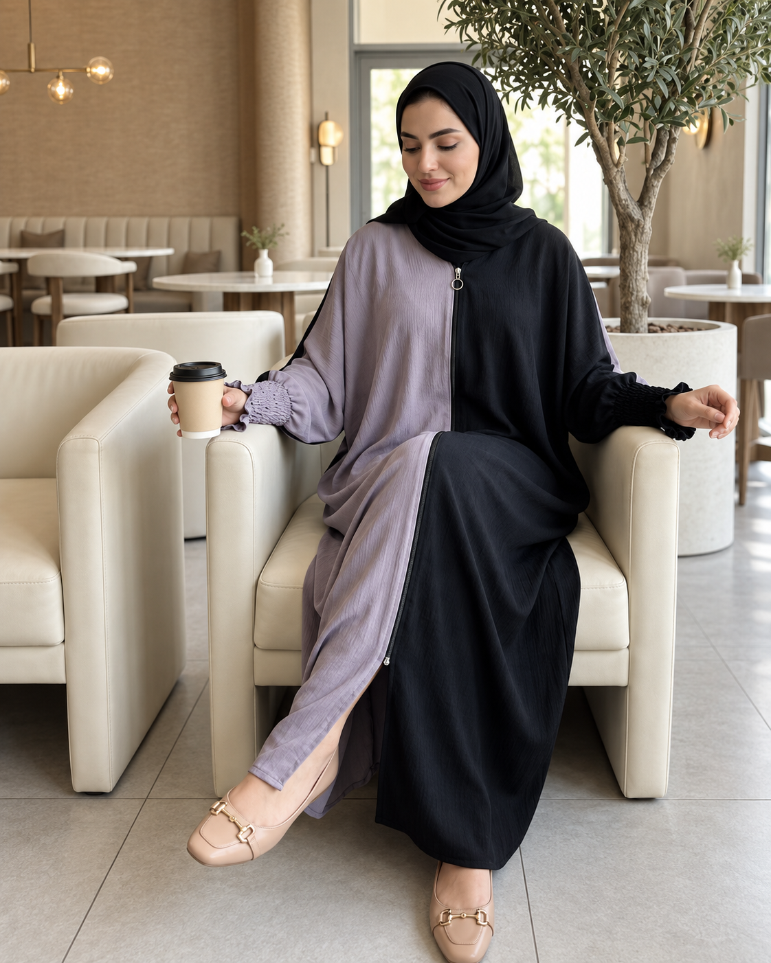 Dual Colour Kaftan Abaya with Zipper Front & Gathered Sleeves