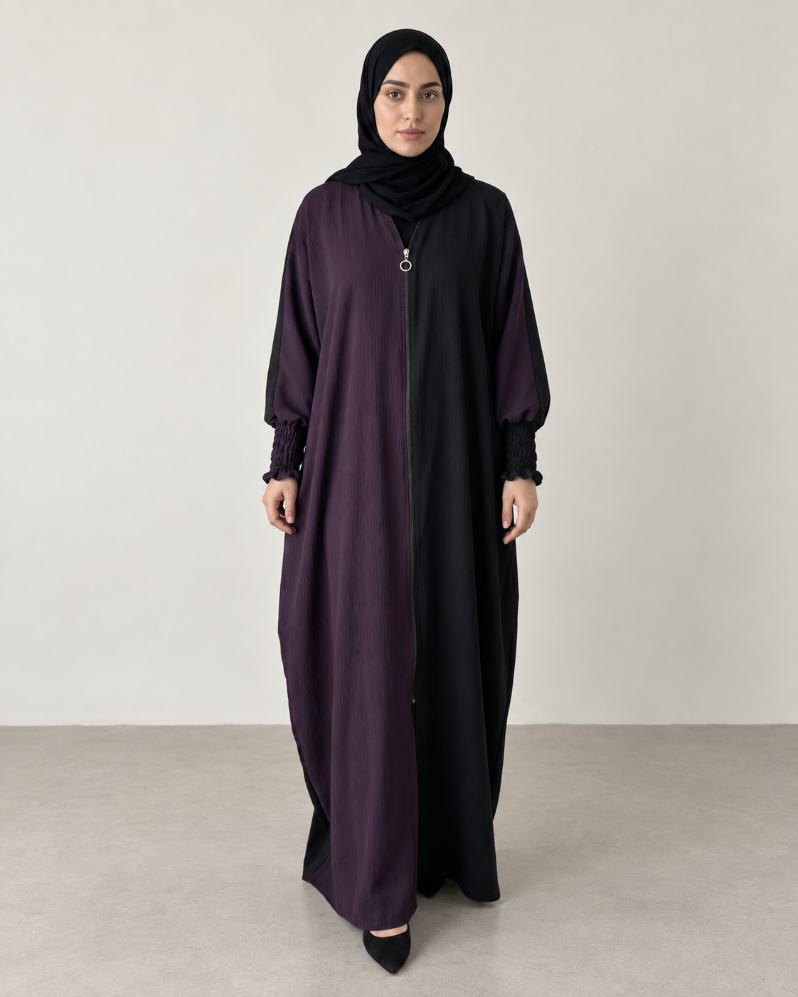Dual Colour Kaftan Abaya with Zipper Front & Gathered Sleeves