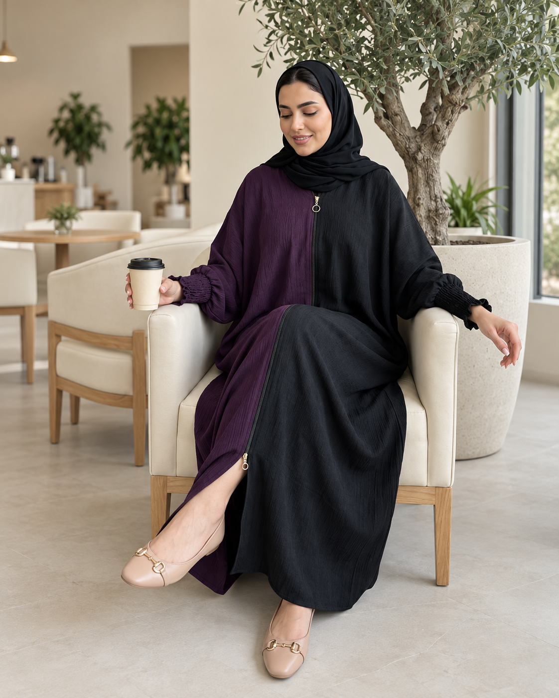 Dual Colour Kaftan Abaya with Zipper Front & Gathered Sleeves
