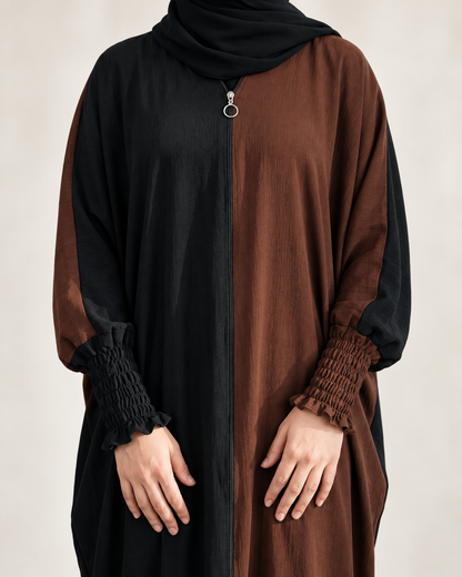 Dual Colour Kaftan Abaya with Zipper Front & Gathered Sleeves