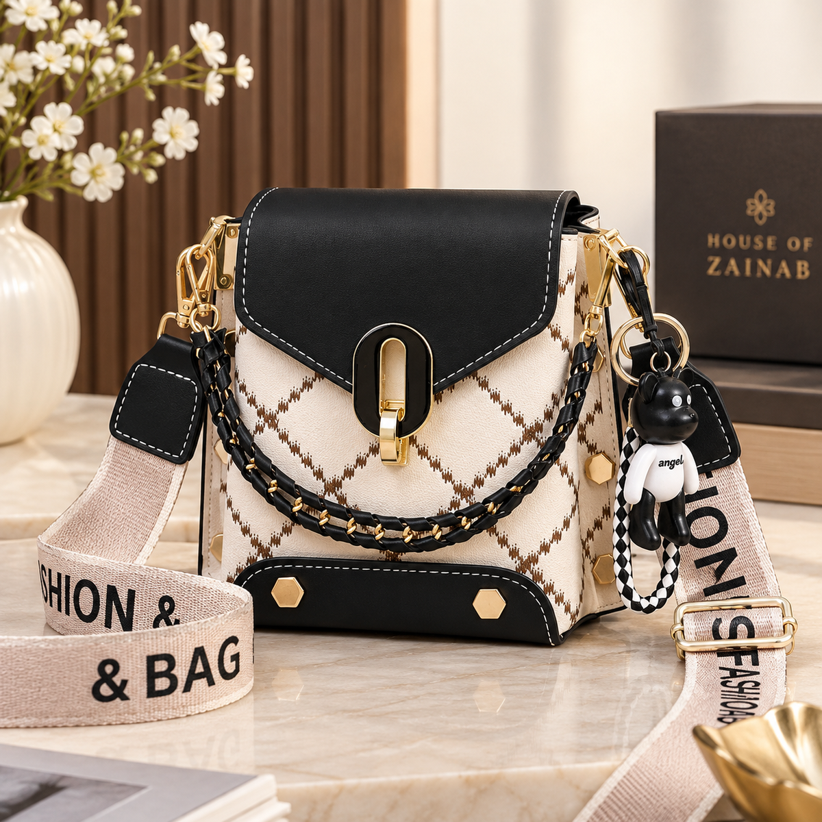 Broad Belt Sling Bag with Beautiful Keychain