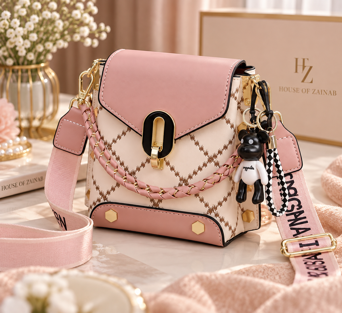 Broad Belt Sling Bag with Beautiful Keychain