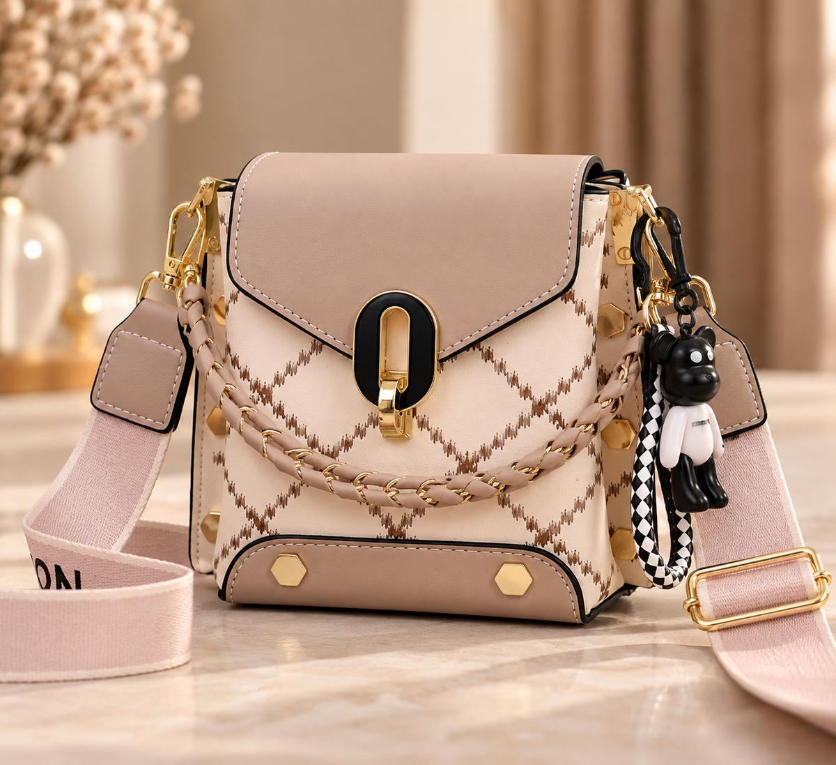 Broad Belt Sling Bag with Beautiful Keychain