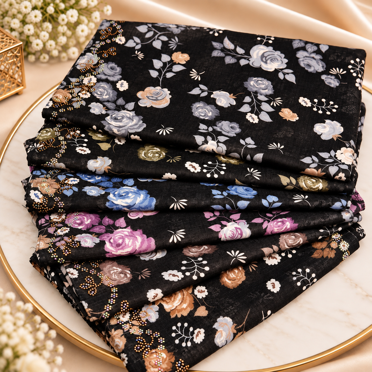 Black Floral Print Scarf
