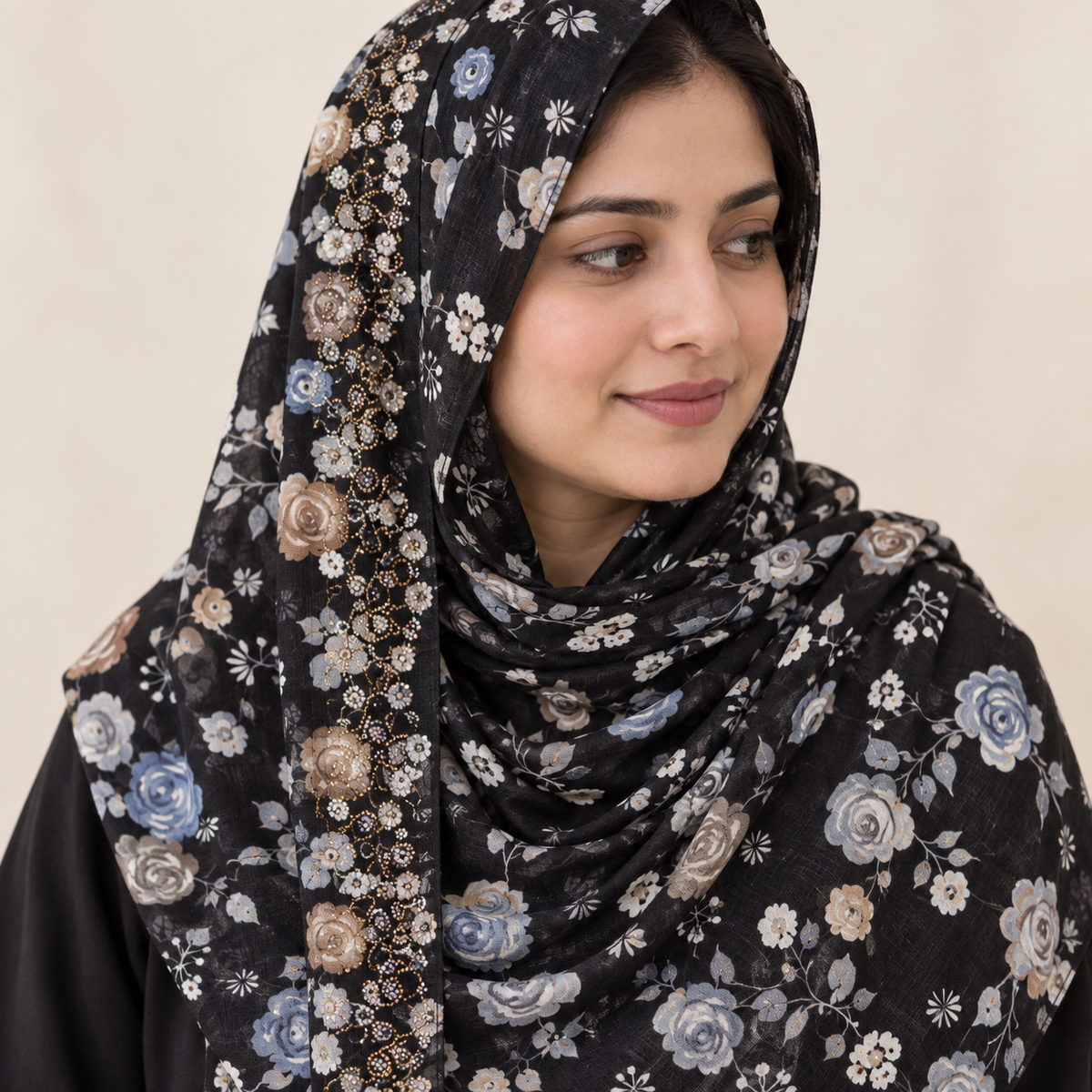 Black Floral Print Scarf