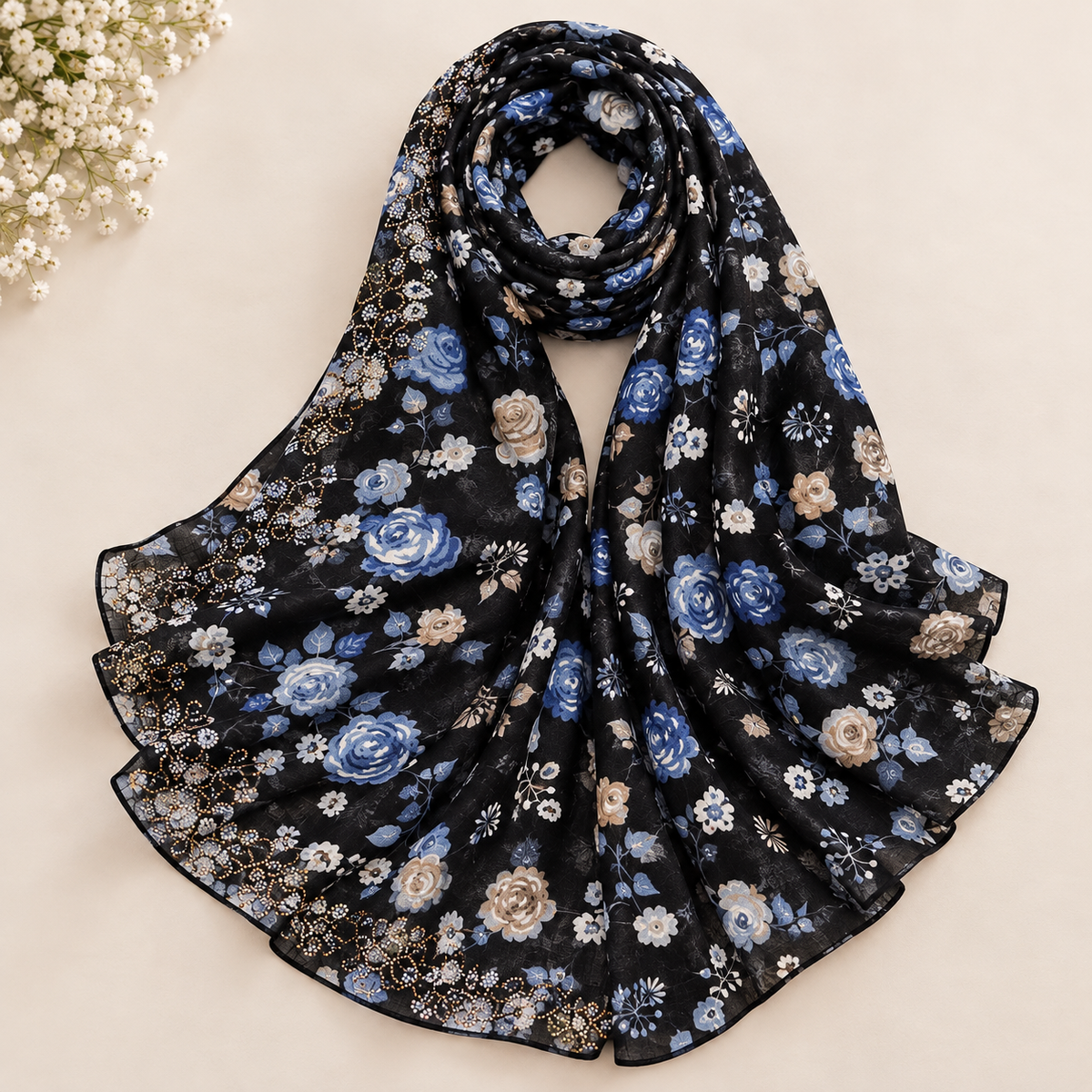 Black Floral Print Scarf