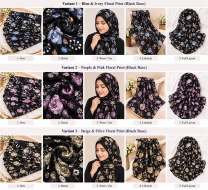 Black Floral Print Scarf
