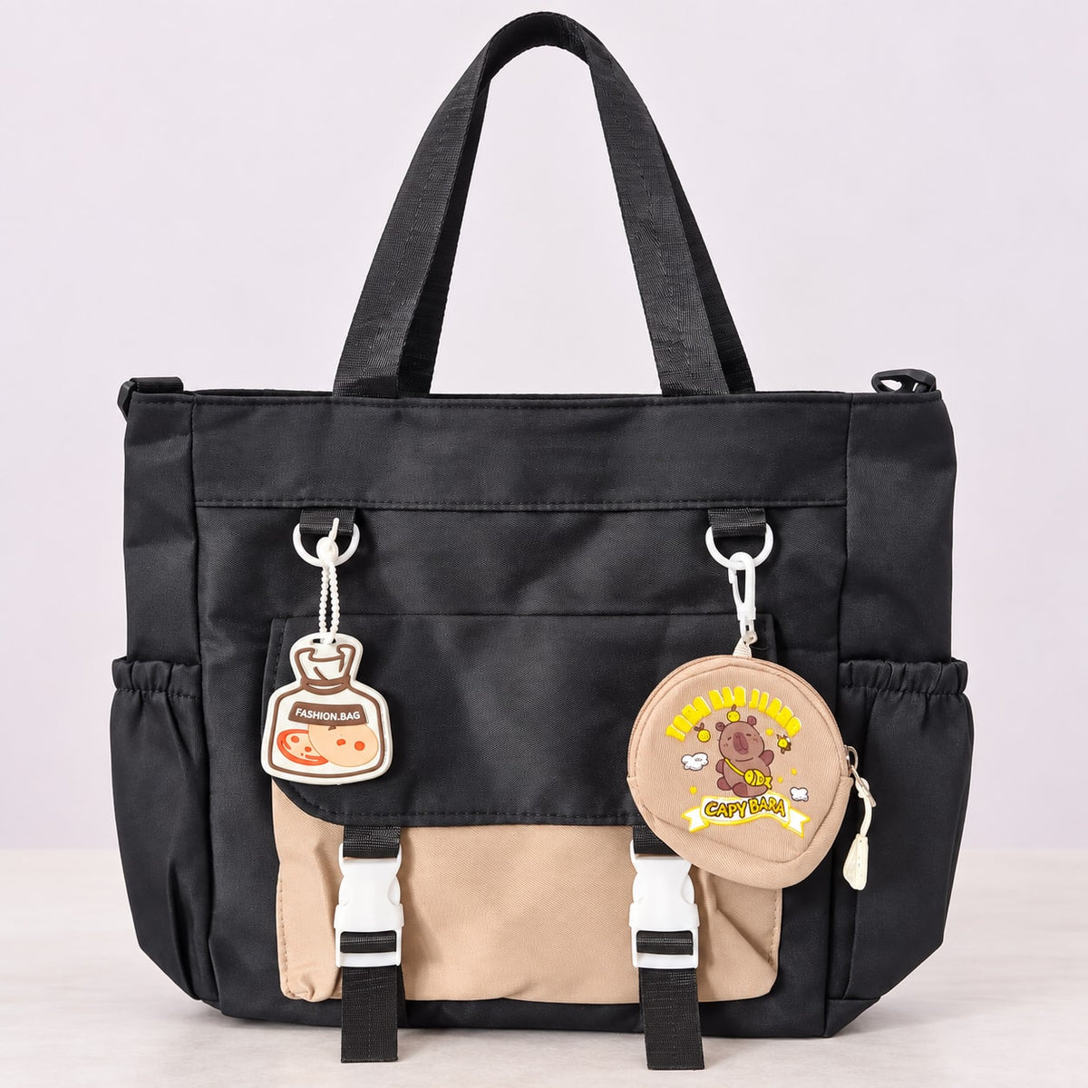 Imported Everyday Tote Handbag - Black & Beige Capybara - House of Zainab