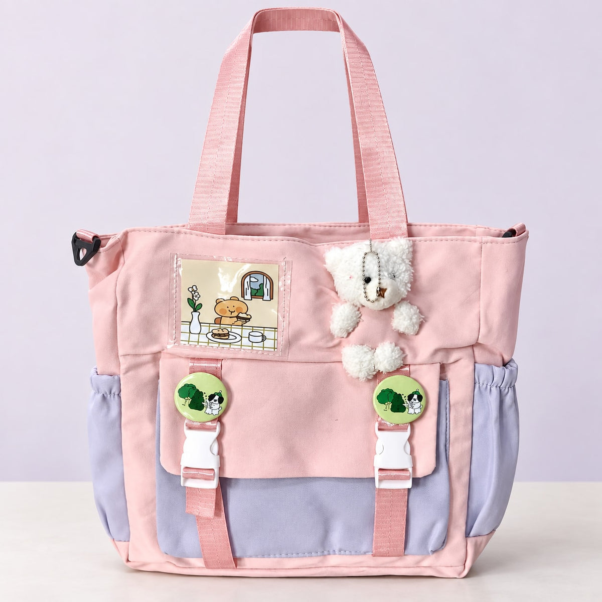 Imported Everyday Tote Handbag - Pink & Lilac Bear - House of Zainab