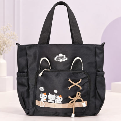 Imported Everyday Tote Handbag - Black Cat Lace Pocket - House of Zainab