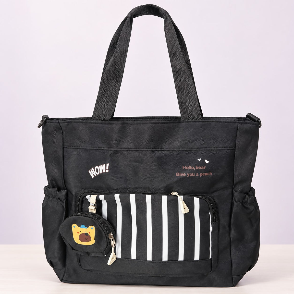 Imported Everyday Tote Handbag - Black Striped Bear Pouch - House of Zainab