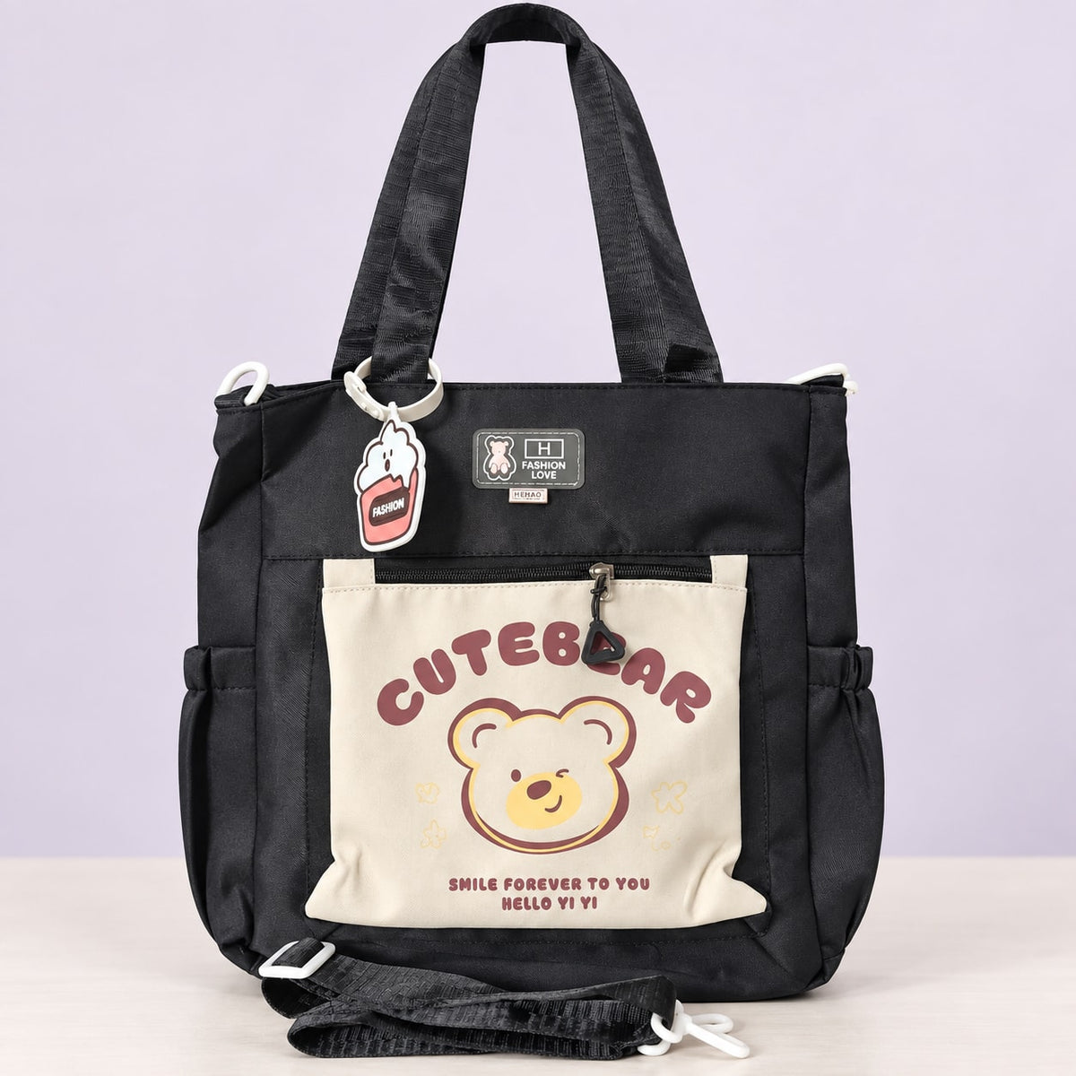 Imported Everyday Tote Handbag - Black Cute Bear Pocket - House of Zainab