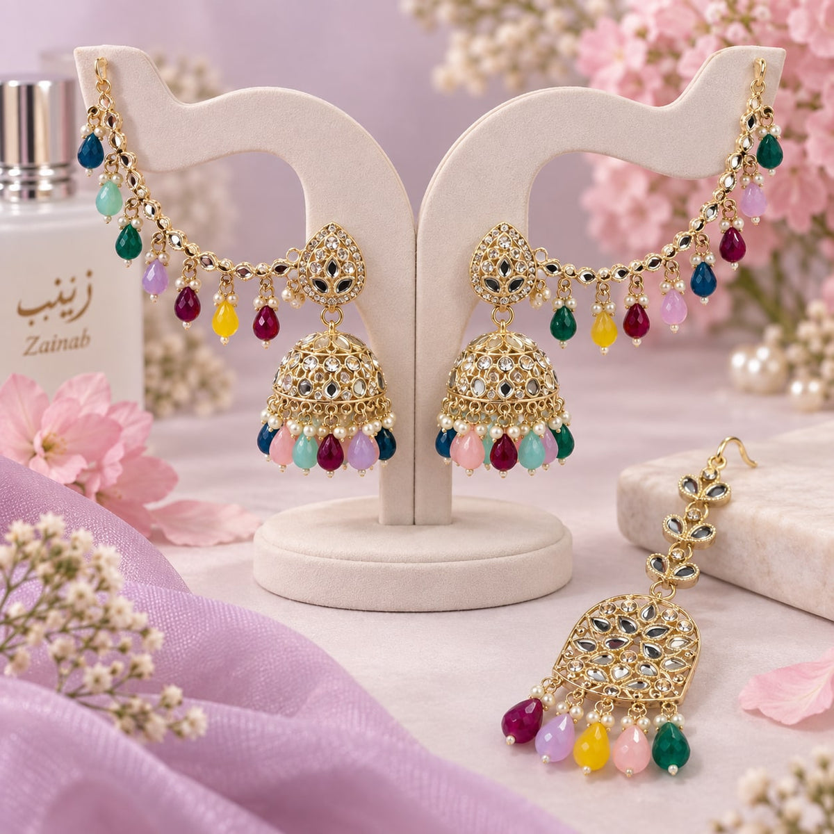 Multicolour Jhumka & Maang Tikka Set - product display - House of Zainab