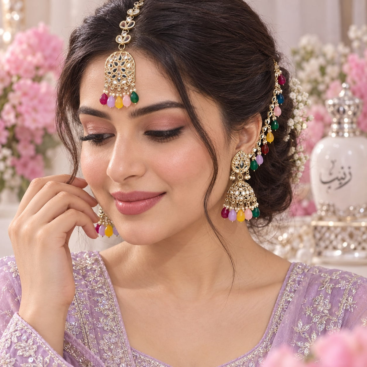 Multicolour Jhumka & Maang Tikka Set - styled model view - House of Zainab