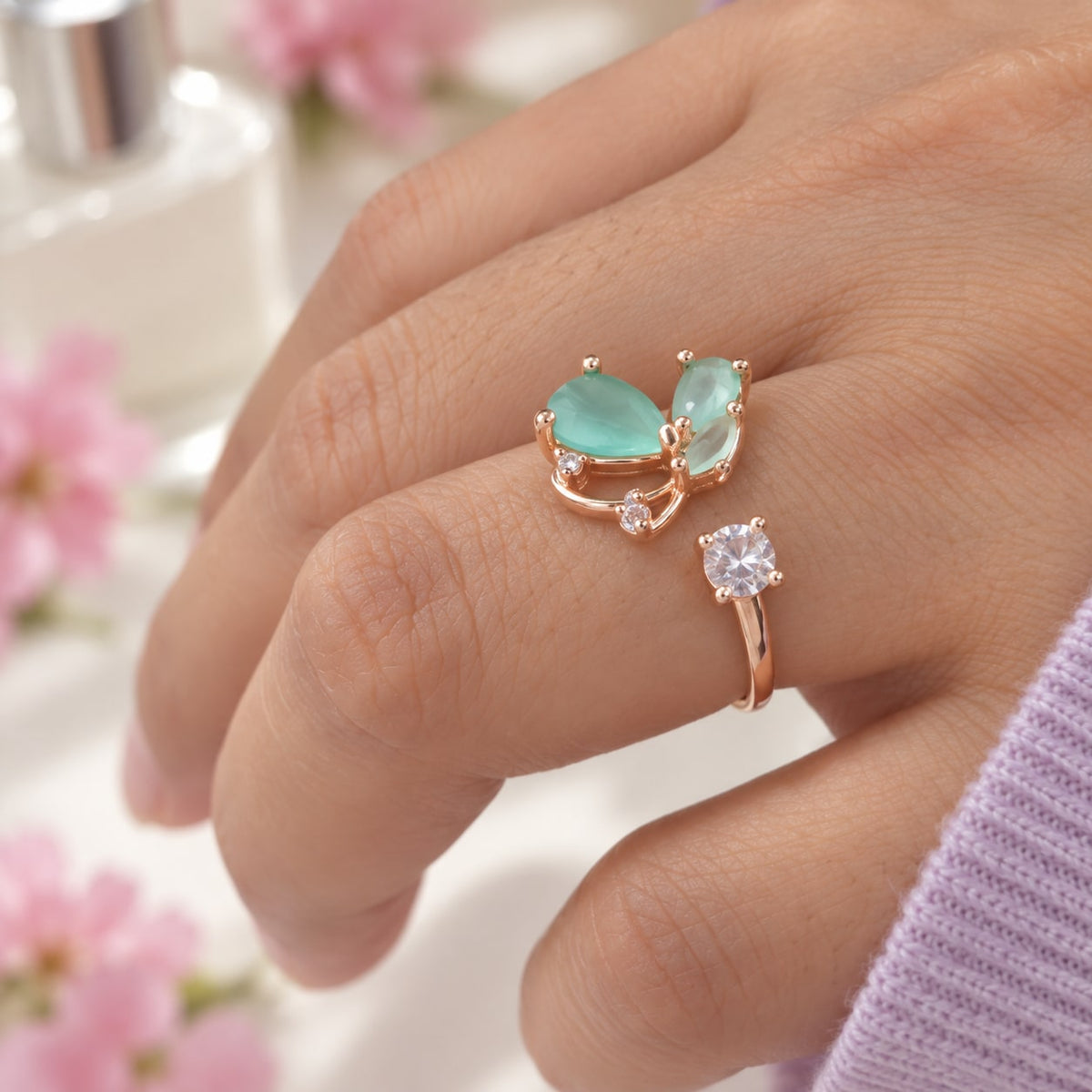 Mint Butterfly Open Ring - styled model view - House of Zainab