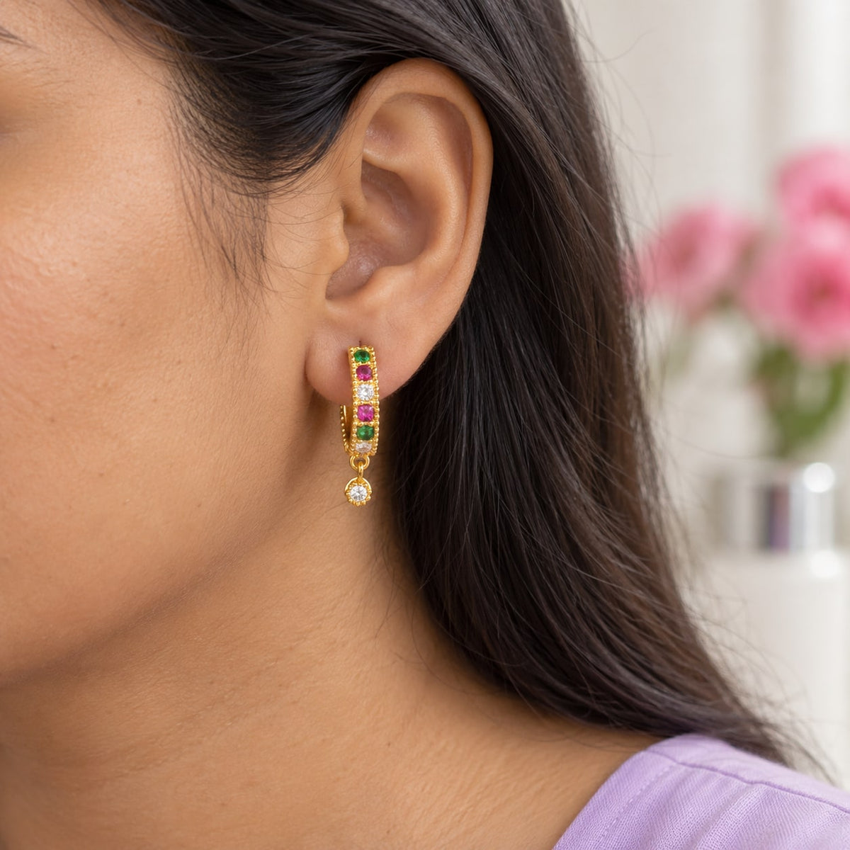 Multicolour Crystal Drop Hoop Earrings - styled model view - House of Zainab