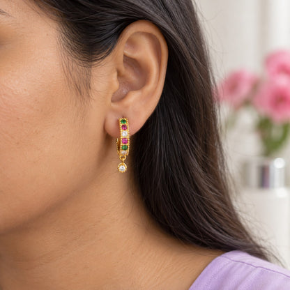 Multicolour Crystal Drop Hoop Earrings - styled model view - House of Zainab