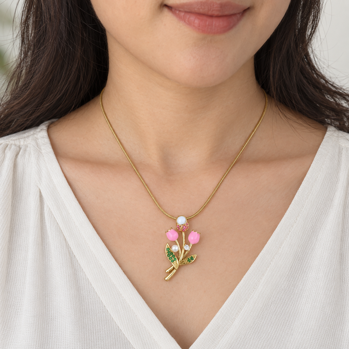 Pink Tulip Bouquet Necklace - styled view 3 - House of Zainab