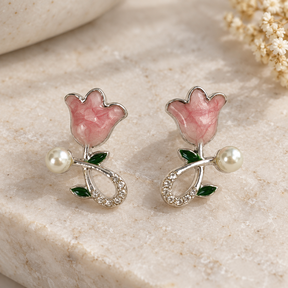 Pink Tulip Pearl-Accent Earrings - styled view 2 - House of Zainab