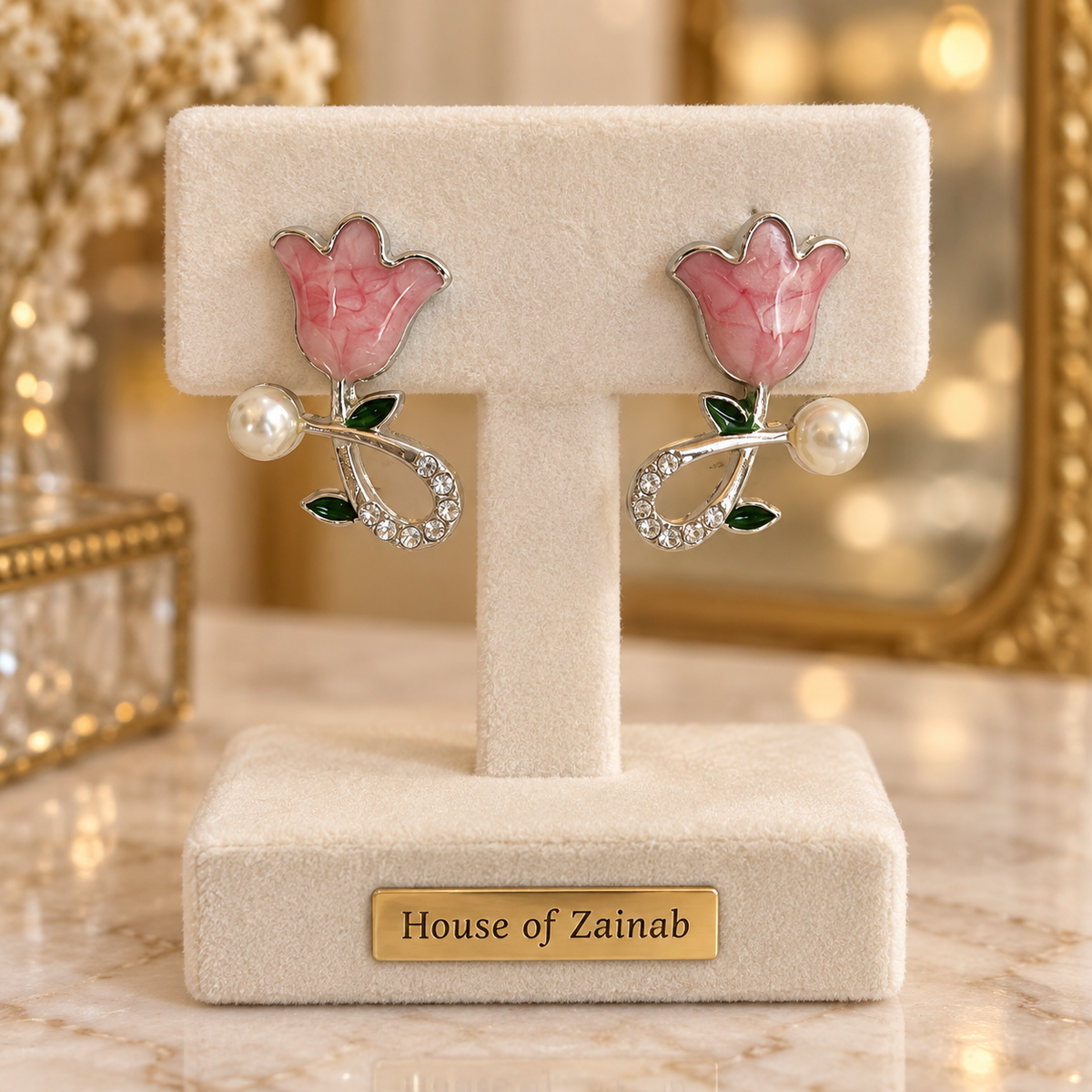 Pink Tulip Pearl-Accent Earrings - styled view 3 - House of Zainab