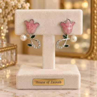 Pink Tulip Pearl-Accent Earrings - styled view 3 - House of Zainab
