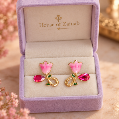 Pink Tulip Teardrop Earrings - styled view 3 - House of Zainab