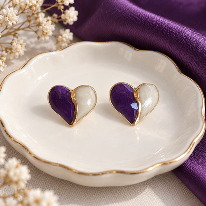 Purple & Ivory Heart Stud Earrings - styled view 2 - House of Zainab