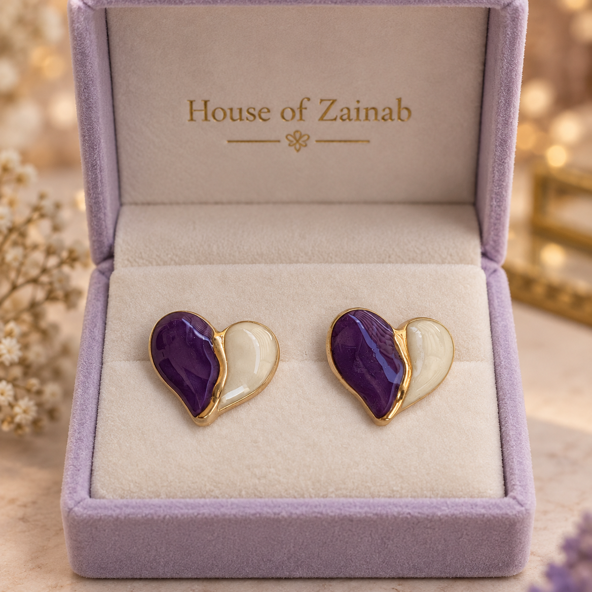 Purple & Ivory Heart Stud Earrings - styled view 3 - House of Zainab